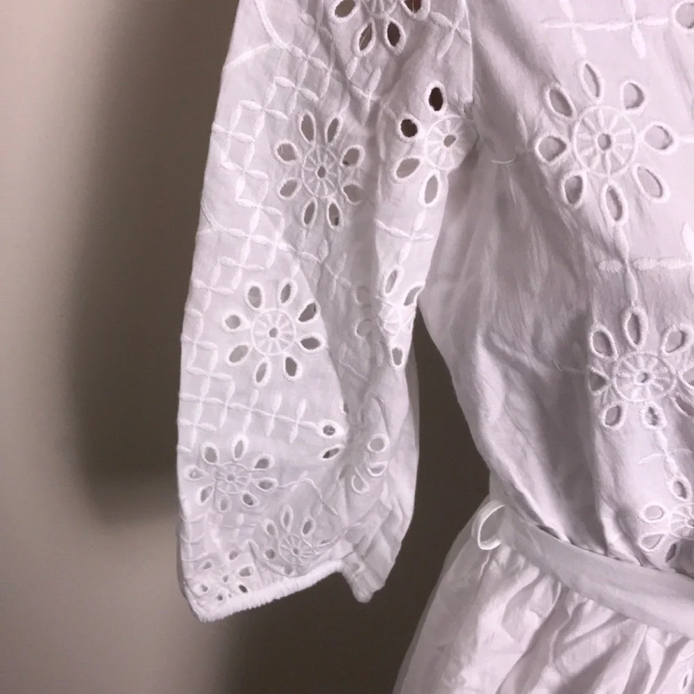 J. Crew Eyelet Ruffle Scalloped White Dress Tie